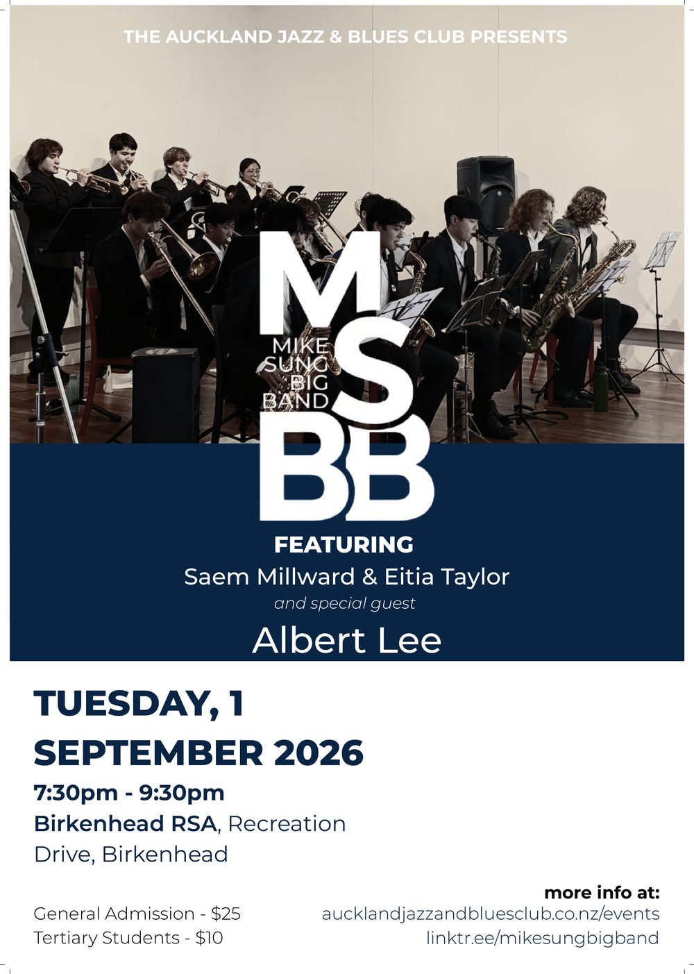 MSBB gig poster — Auckland Jazz & Blues Club presents the Mike Sung Big Band, Tuesday 1 September 2026, Birkenhead RSA